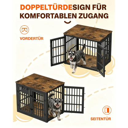YODOLLA 83cm Hundekäfig Möbel, Hundebox mit Namensschild, 2 Türen, Braun