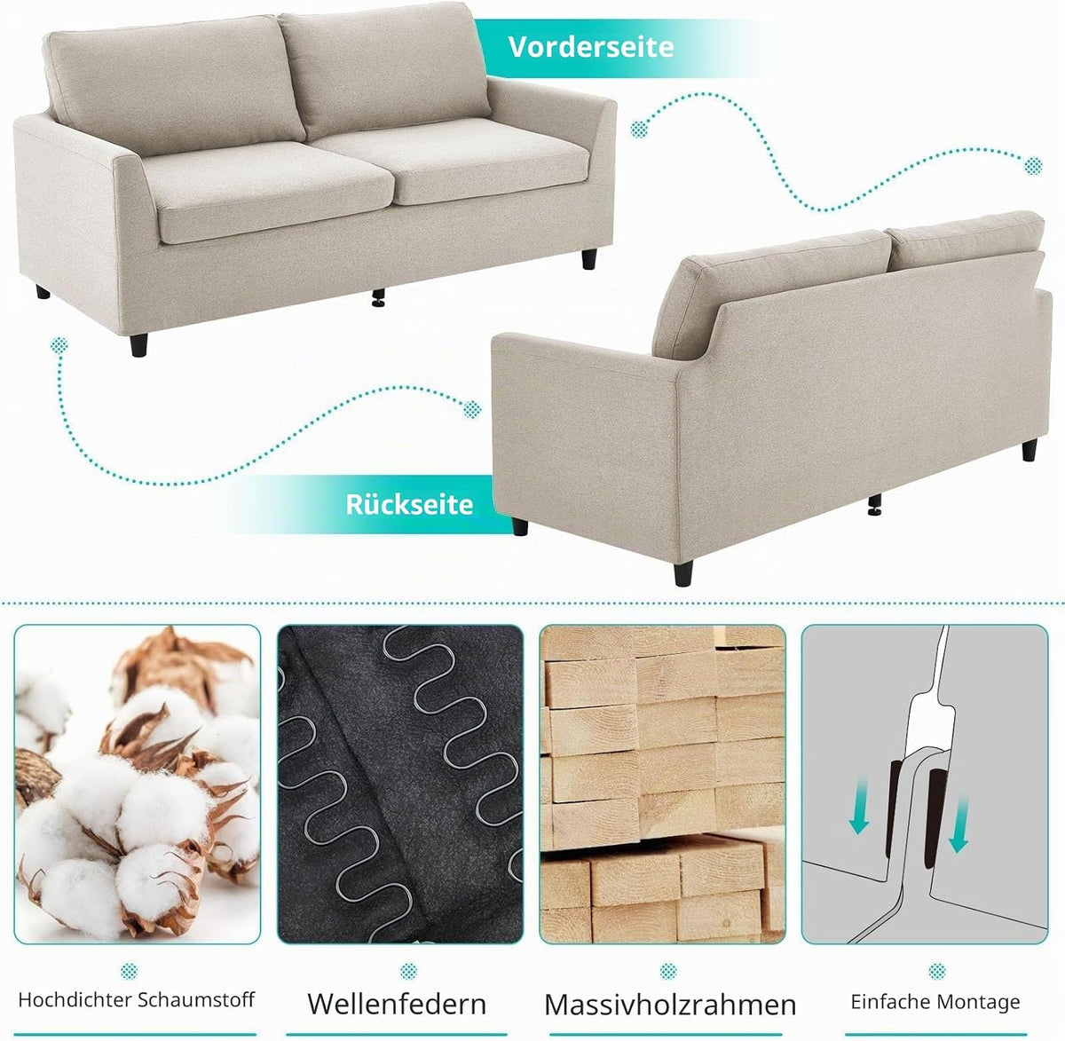 YODOLLA 2 Sitzer Sofa, kleine Sofa mit schlaffunktion, Weiß