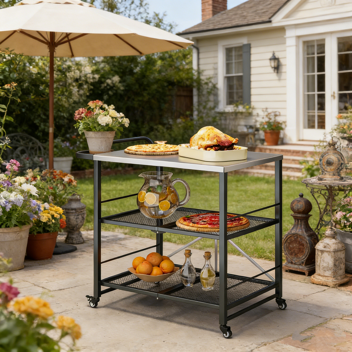 YODOLLA Grillwagen Outdoor – 3-stufiger Gartenwagen, Silber