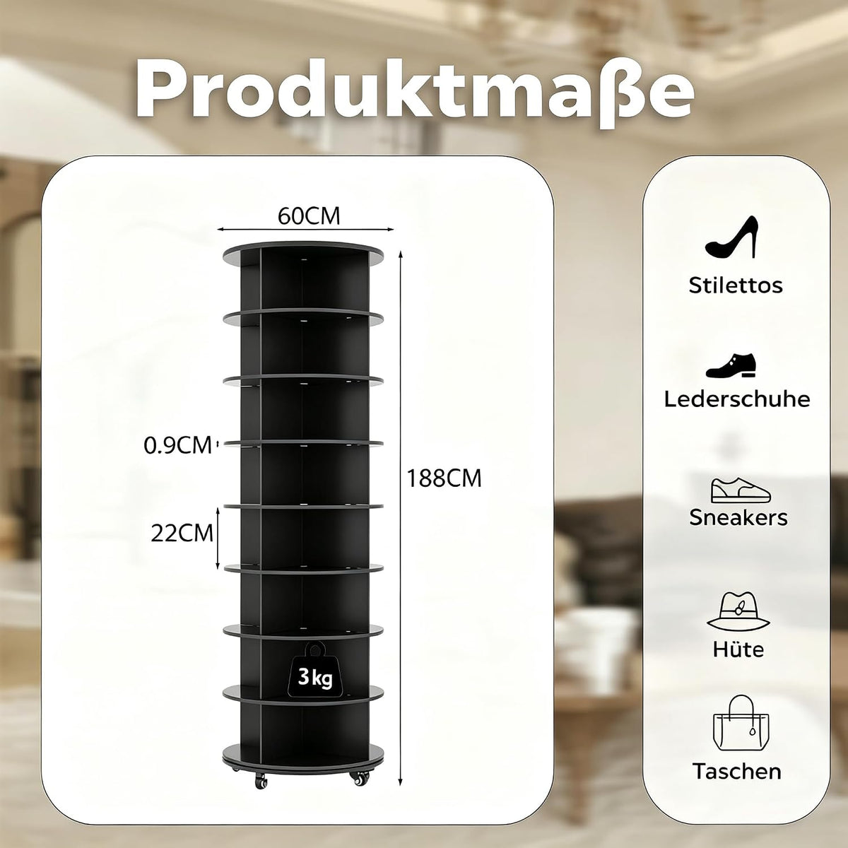 YODOLLA 8-stöckiger Drehbares Schuhregal, 360° Schuhschrank, Schwarz