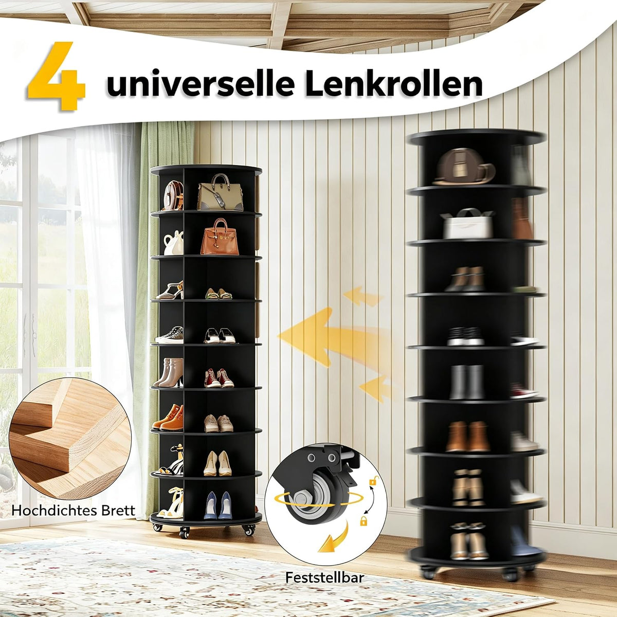 YODOLLA 8-stöckiger Drehbares Schuhregal, 360° Schuhschrank, Schwarz
