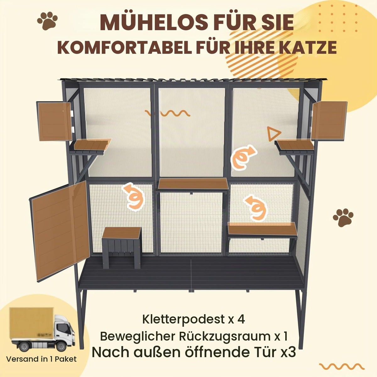 YODOLLA Katzengehege mit Fenster, 4 Ebenen und 3 Türen – wetterfest