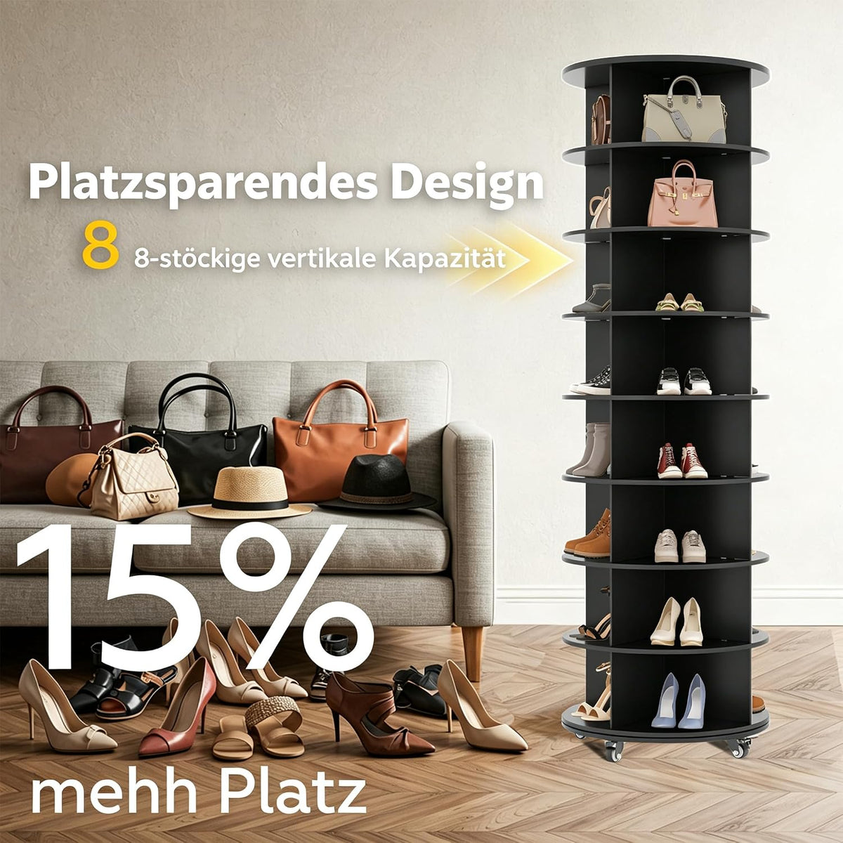 YODOLLA 8-stöckiger Drehbares Schuhregal, 360° Schuhschrank, Schwarz