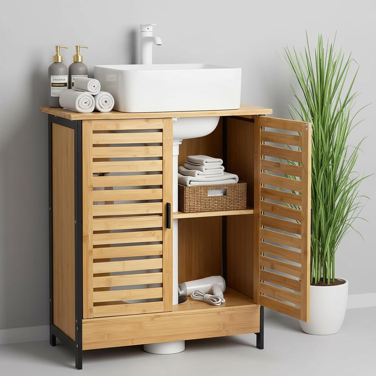 YODOLLA Bambus-Badezimmerschrank für unter das Waschbecken, Naturfarbe
