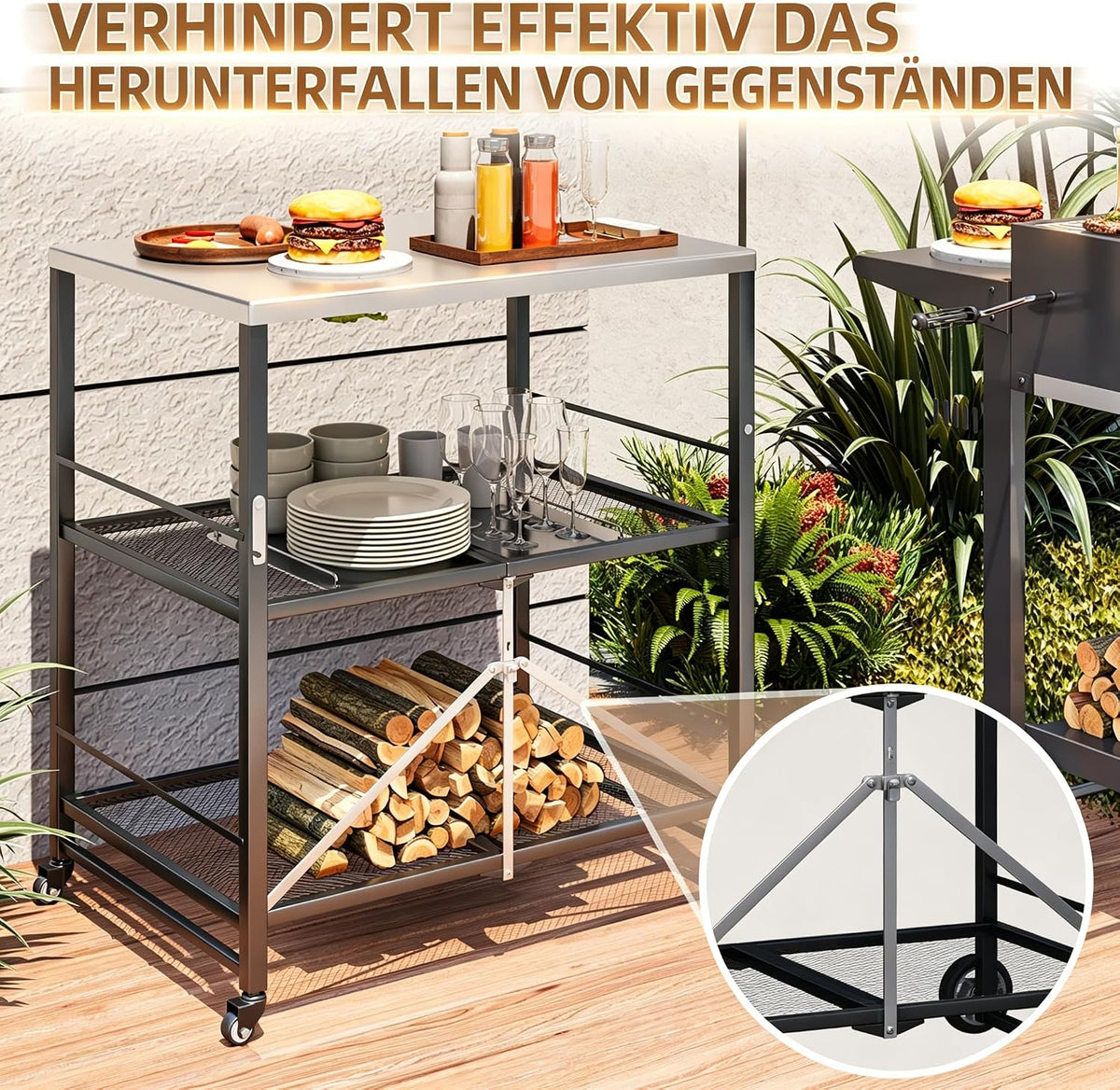 YODOLLA Grillwagen Outdoor – 3-stufiger Gartenwagen, Silber