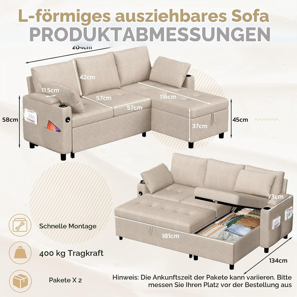 YODOLLA Ecksofa mit Bettfunktion und Stauraum, L-Form-Sofa, beige