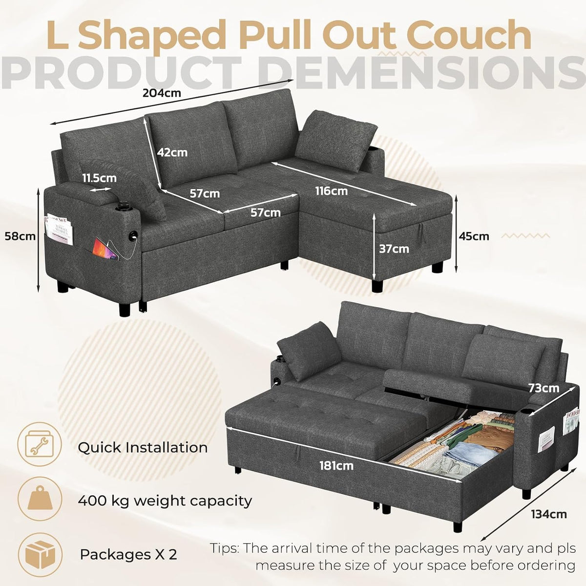 YODOLLA Ecksofa mit Bettfunktion und Stauraum, L-Form-Sofa, Dunkelgrau