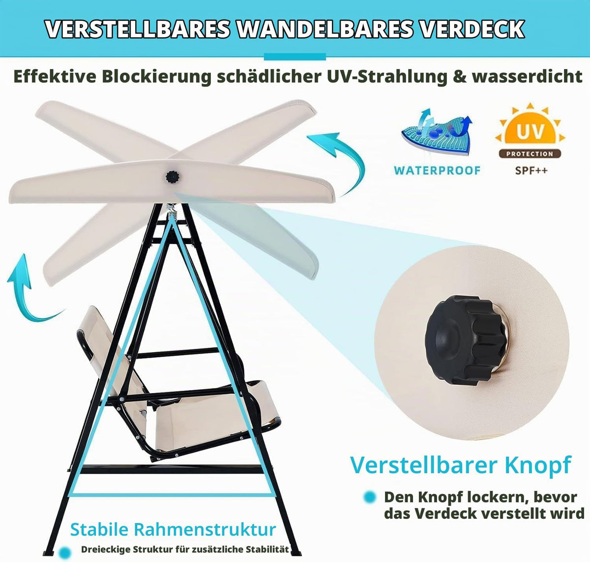 YODOLLA 2‑Sitzer Schaukelhängematte mit Sonnendach, Beige