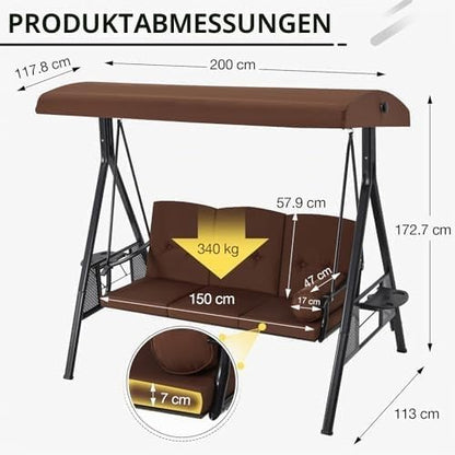 YODOLLA 3‑Sitzer Terrassen‑ und Verandaschaukel, Braun