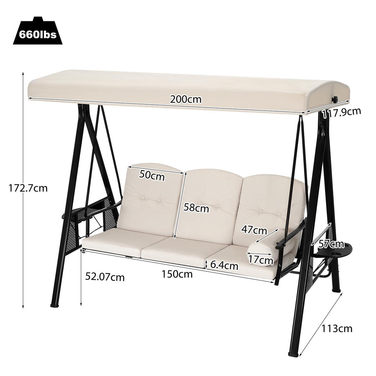 YODOLLA 3‑Sitzer Gartenschaukel mit Sonnendach & Polstern, Beige