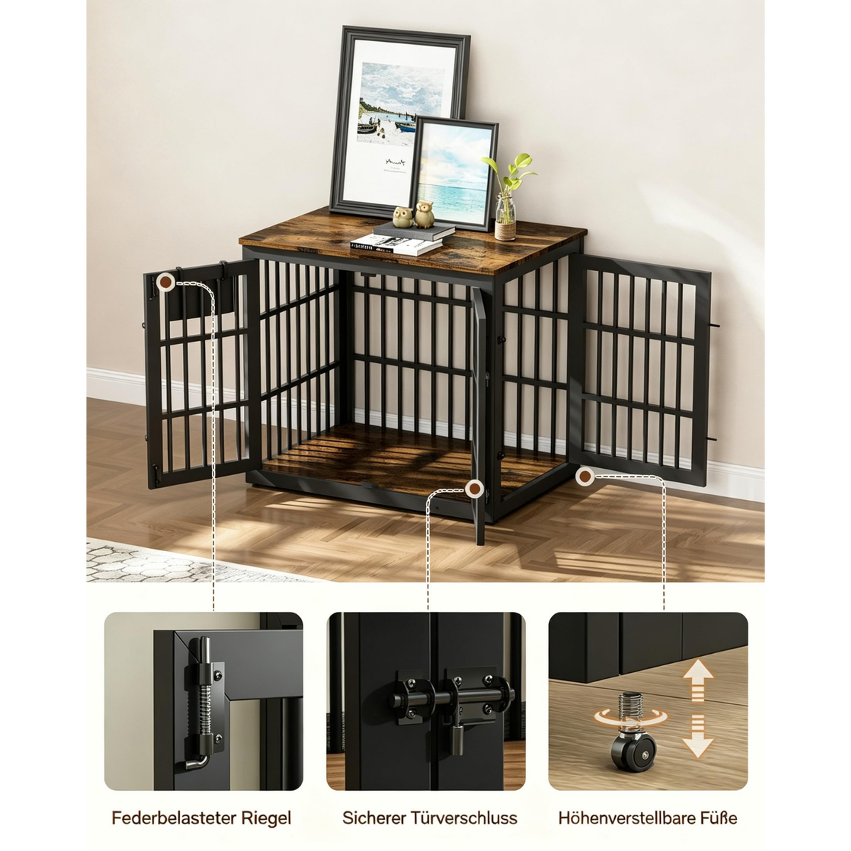 YODOLLA 83cm Hundekäfig Möbel, Hundebox mit Namensschild, 2 Türen, Braun