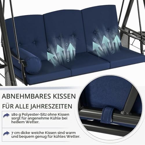 YODOLLA 3‑Sitzer Gartenschaukel mit Sonnendach & Polstern, Blau