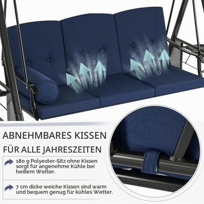 YODOLLA 3‑Sitzer Gartenschaukel mit Sonnendach & Polstern, Blau