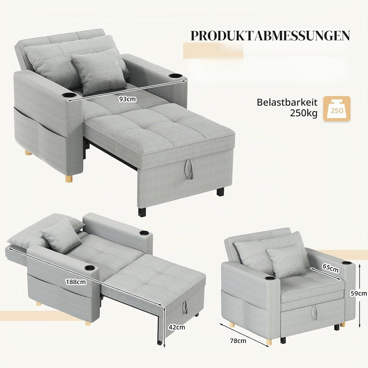 YODOLLA Schlafsofa, 36 Zoll verwandelbarer Stuhl mit Bettfunktion, Grau