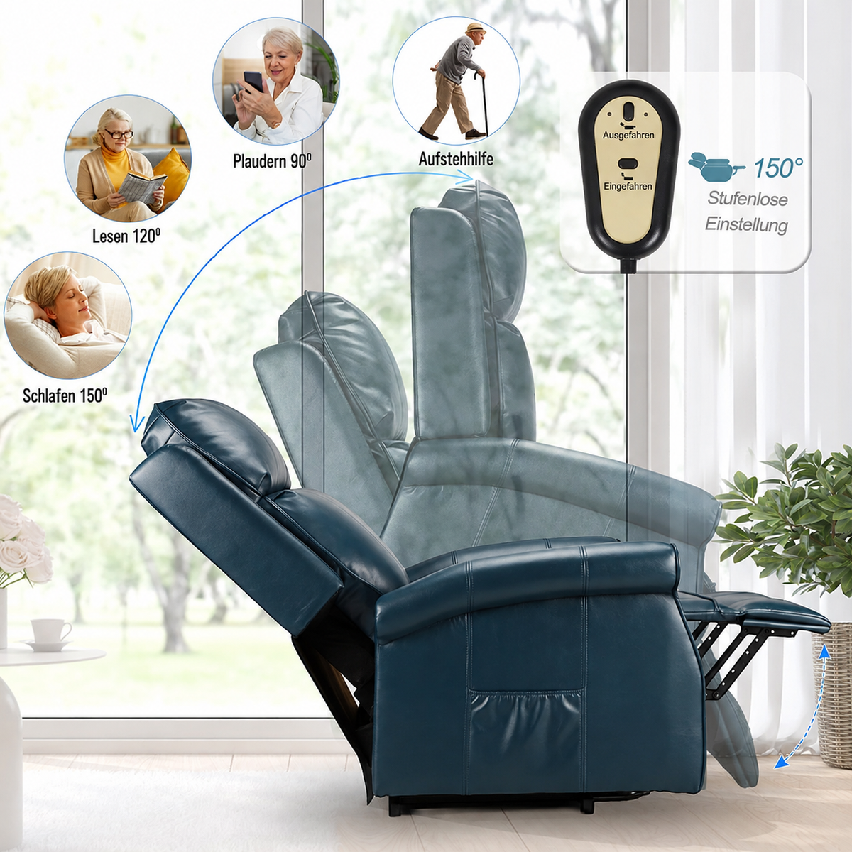 YODOLLA Elektrischer Lift-Sessel für Senioren, Kunstleder, Marineblau