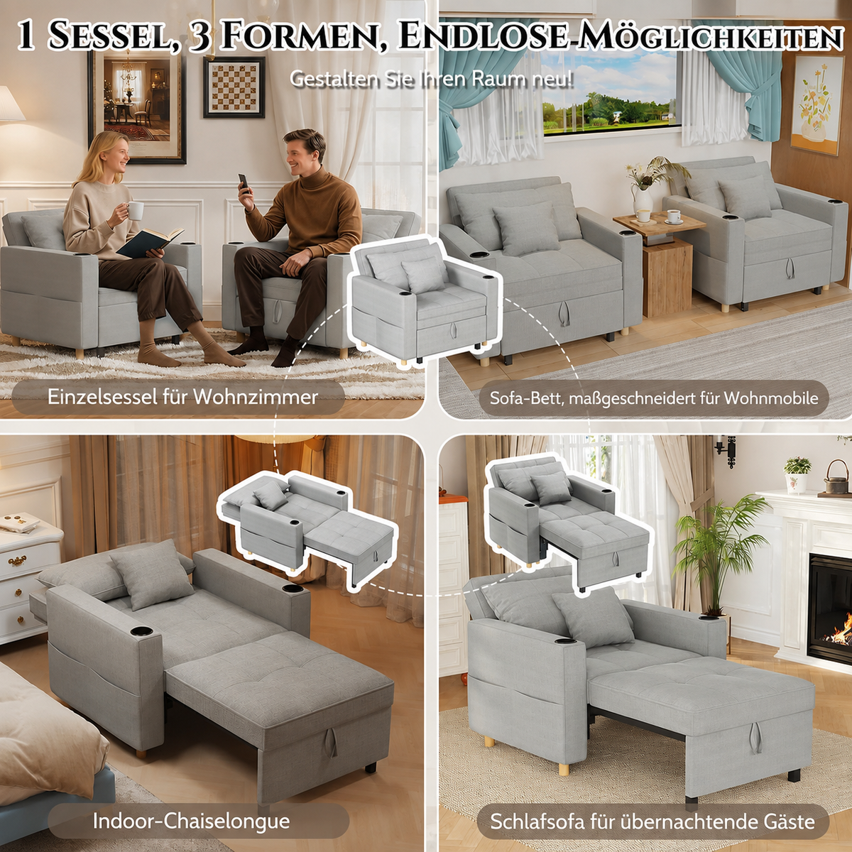 YODOLLA Schlafsofa, 36 Zoll verwandelbarer Stuhl mit Bettfunktion, Grau