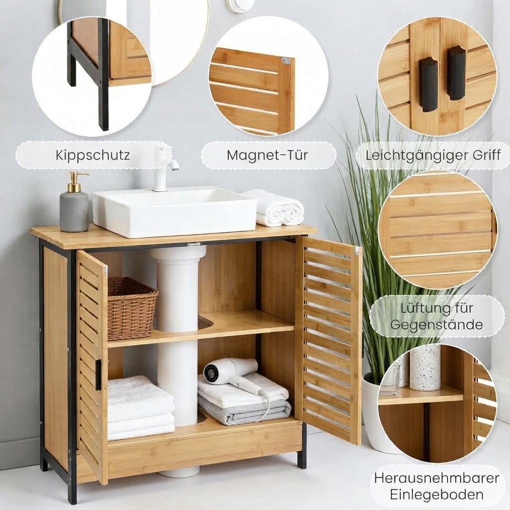 YODOLLA Bambus-Badezimmerschrank für unter das Waschbecken, Naturfarbe