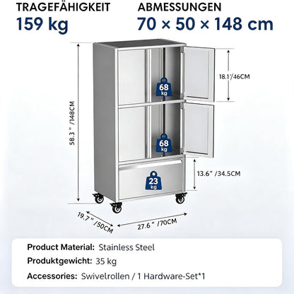 YODOLLA Edelstahl Stauraumschrank mit Rollen, Regalboden & Schublade, Weiß