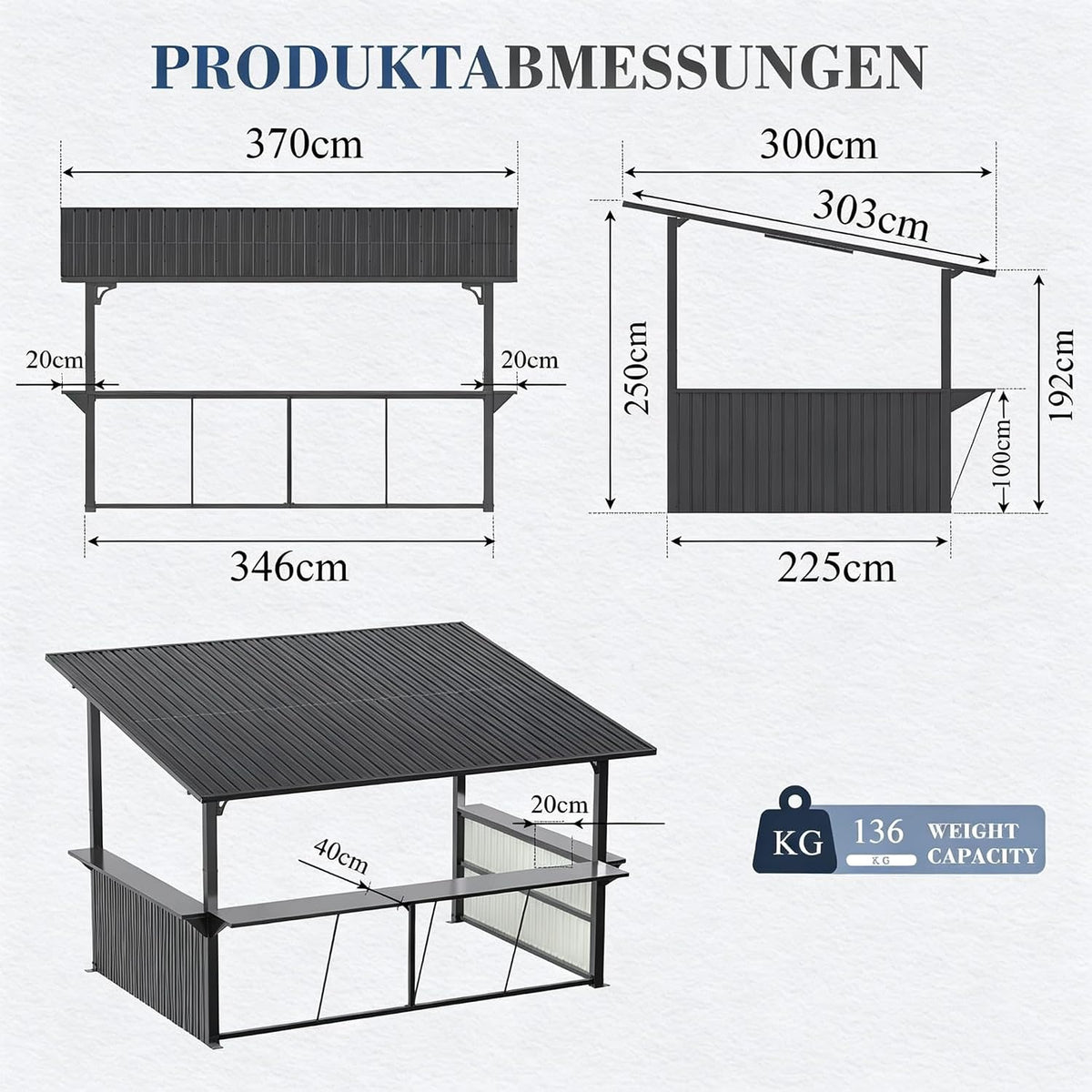 YODOLLA 3,7 x 3m Fahrradunterstand, Garten-Metallpergola, Dunkelgrau