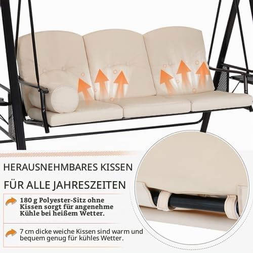 YODOLLA 3‑Sitzer Gartenschaukel mit Sonnendach & Polstern, Beige