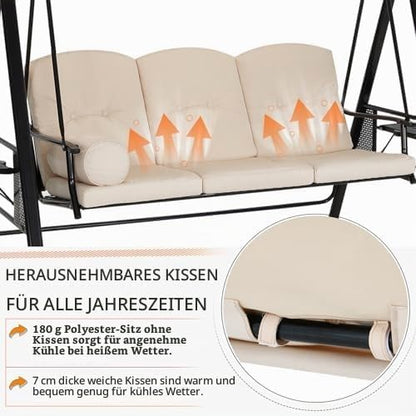YODOLLA 3‑Sitzer Gartenschaukel mit Sonnendach & Polstern, Beige