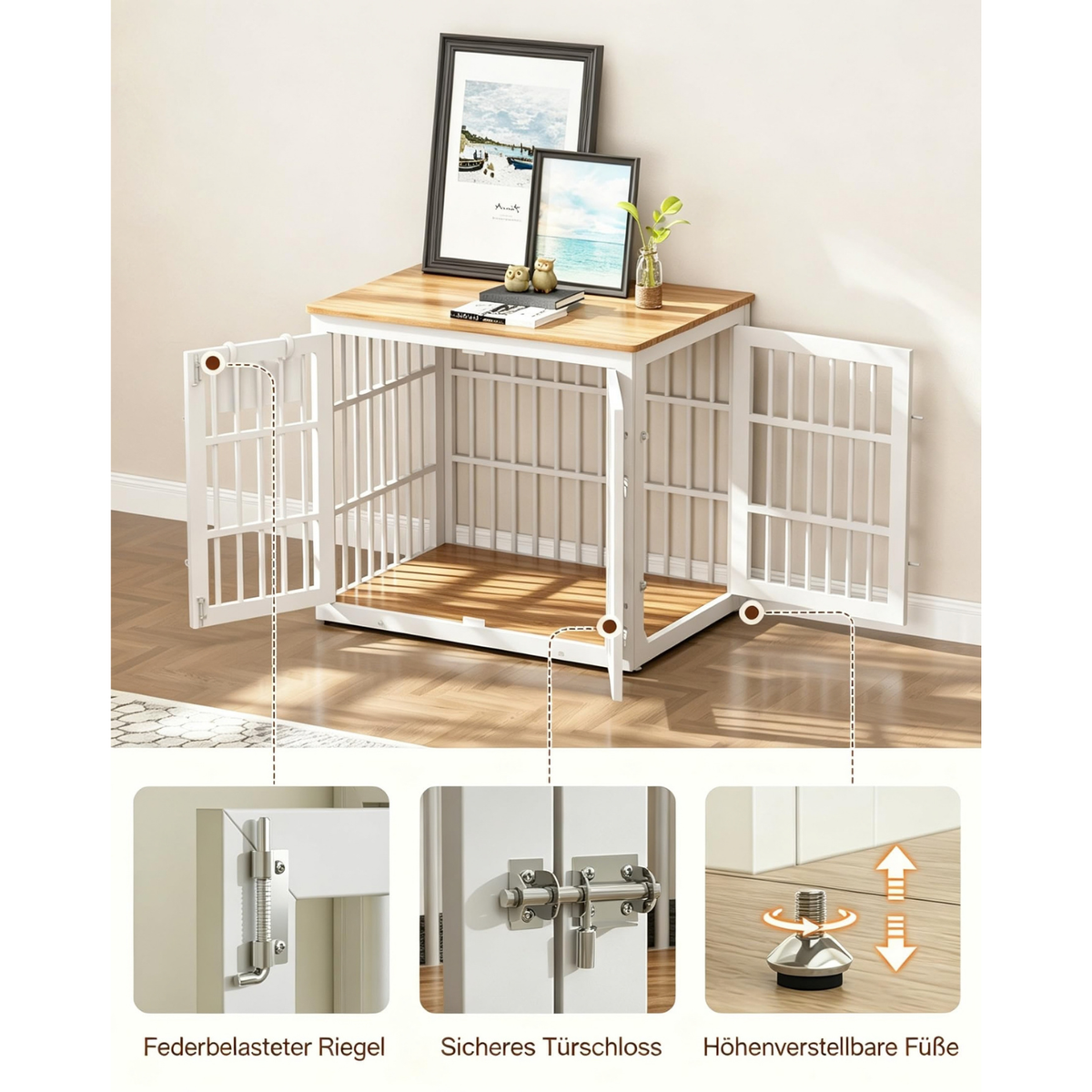 YODOLLA 83cm Hundekäfig Möbel, Hundebox mit Namensschild, 2 Türen, Weiß