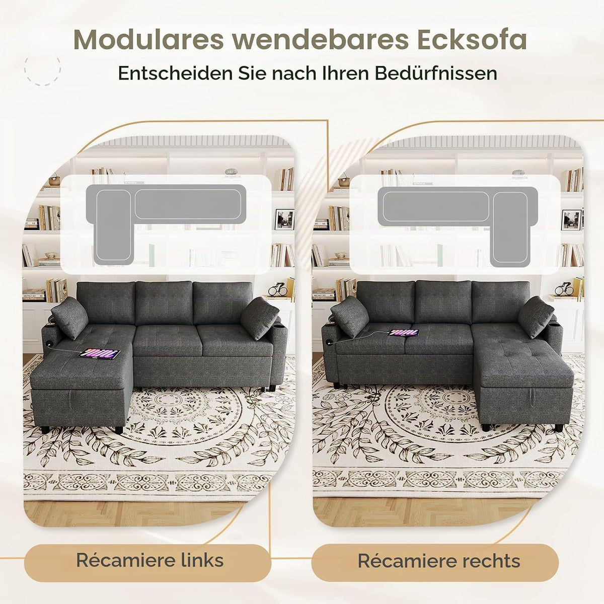 YODOLLA Ecksofa mit Bettfunktion und Stauraum, L-Form-Sofa, Dunkelgrau
