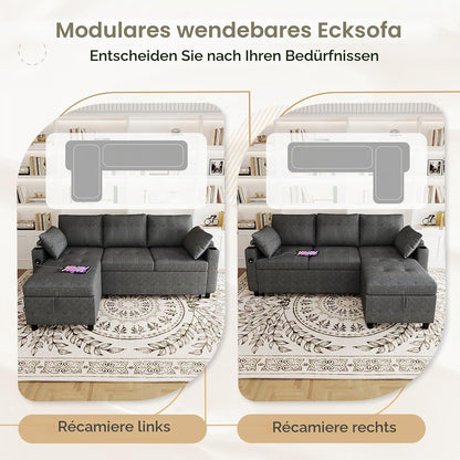YODOLLA Ecksofa mit Bettfunktion und Stauraum, L-Form-Sofa, Dunkelgrau