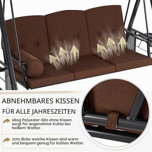 YODOLLA 3‑Sitzer Terrassen‑ und Verandaschaukel, Braun