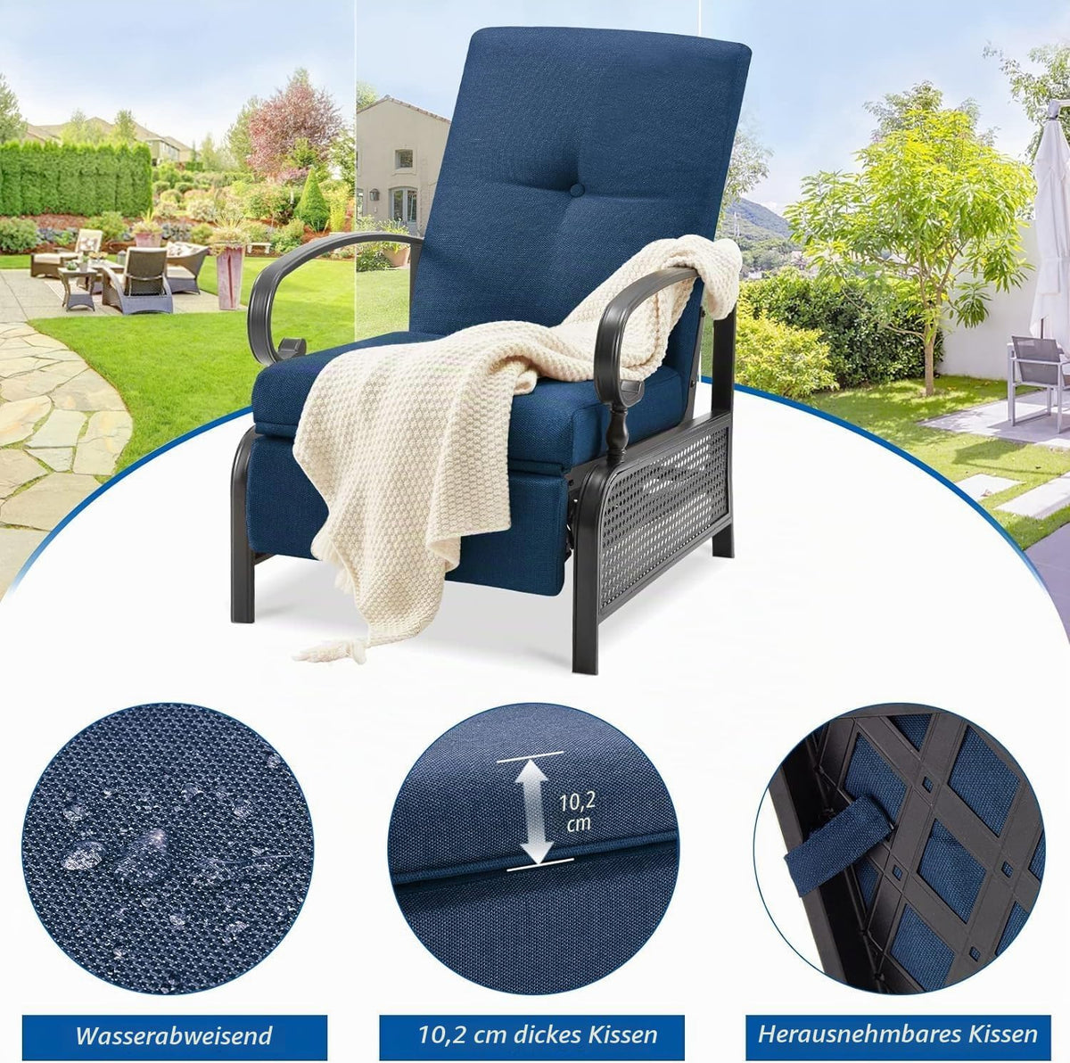 YODOLLA Gartensessel mit verstellbarer Rückenlehne und Relaxfunktion, Blau