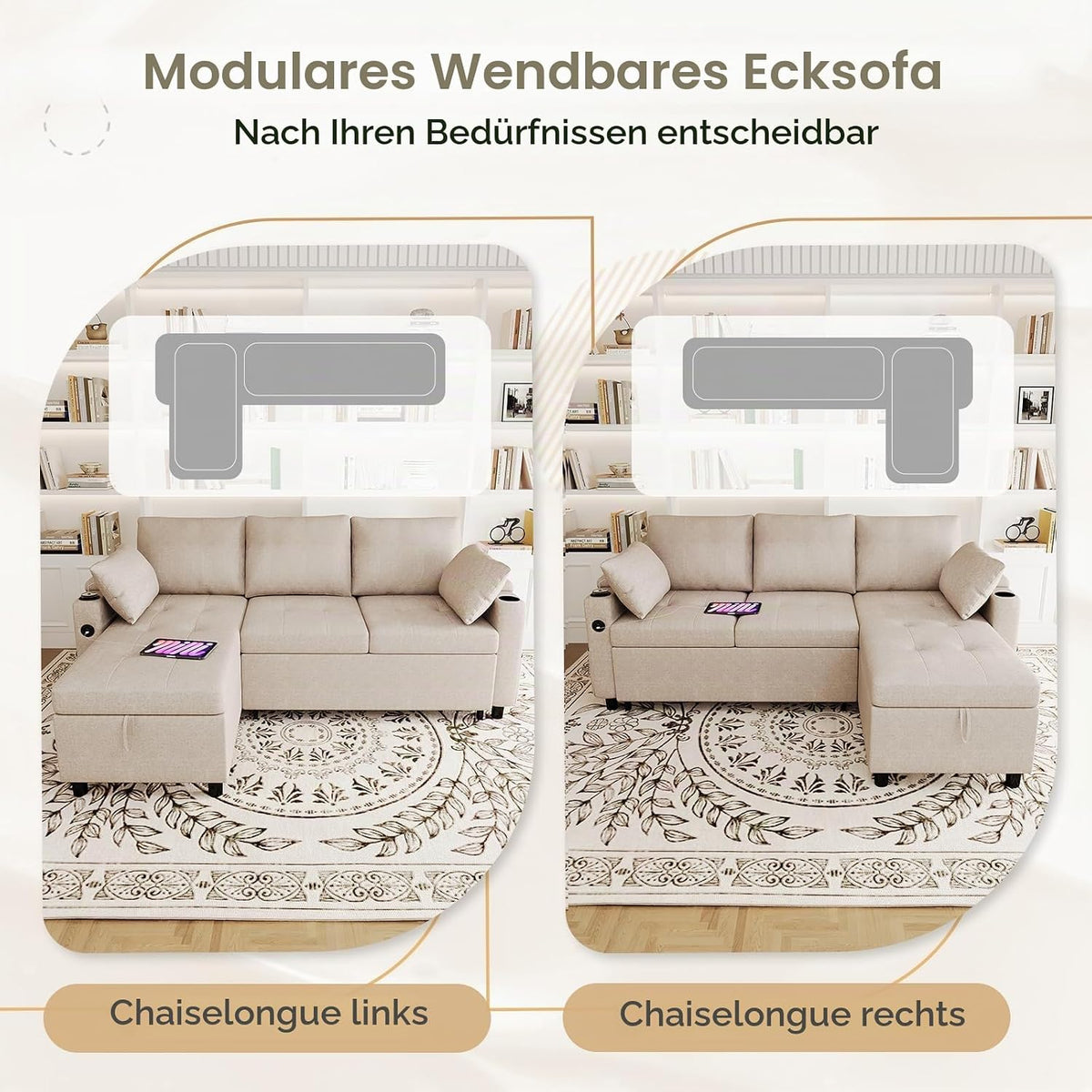 YODOLLA Ecksofa mit Bettfunktion und Stauraum, L-Form-Sofa, beige