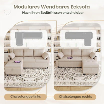 YODOLLA Ecksofa mit Bettfunktion und Stauraum, L-Form-Sofa, beige