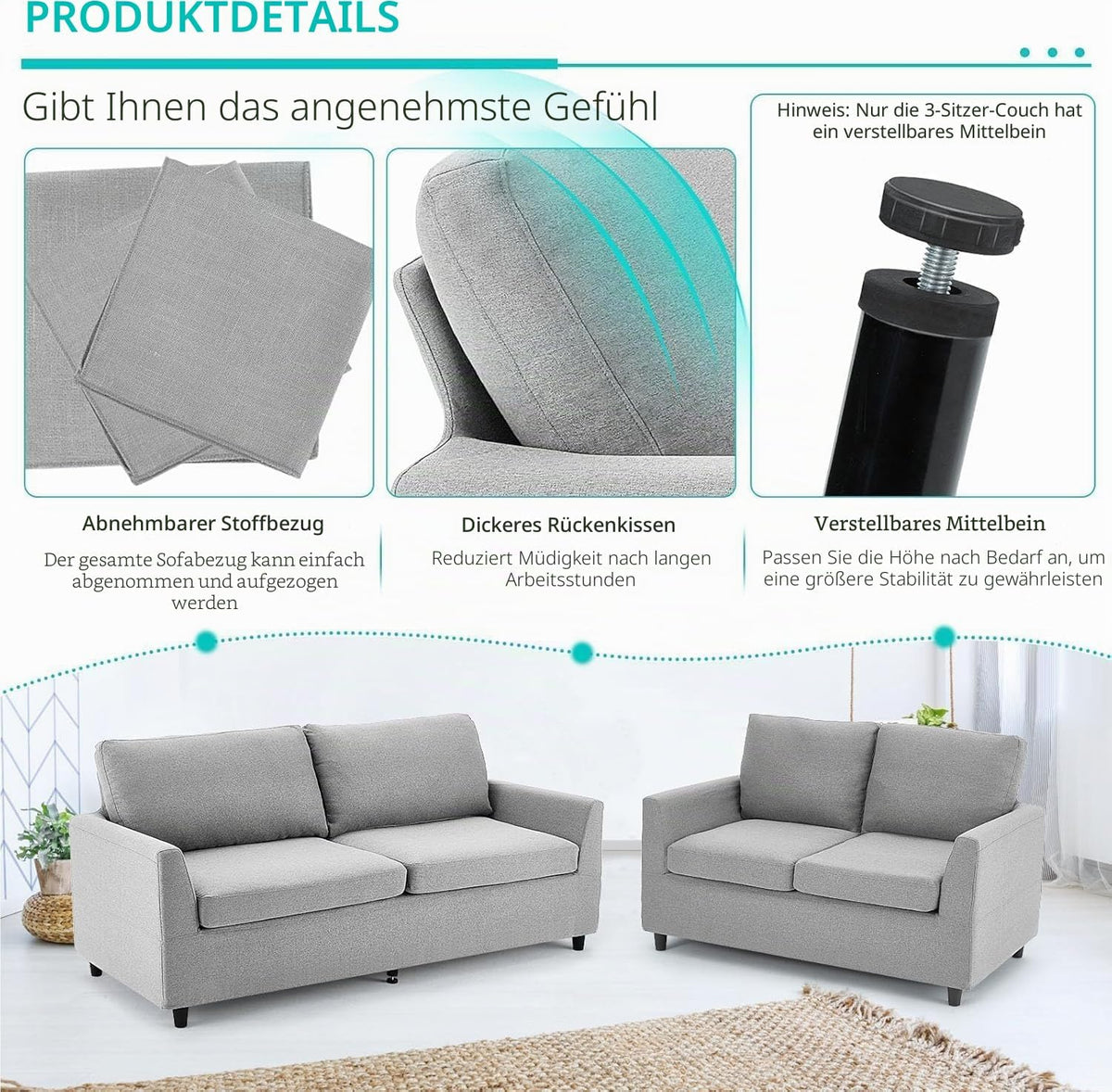 YODOLLA 2 Sitzer Sofa, kleine Sofa mit schlaffunktion, Hellgrau