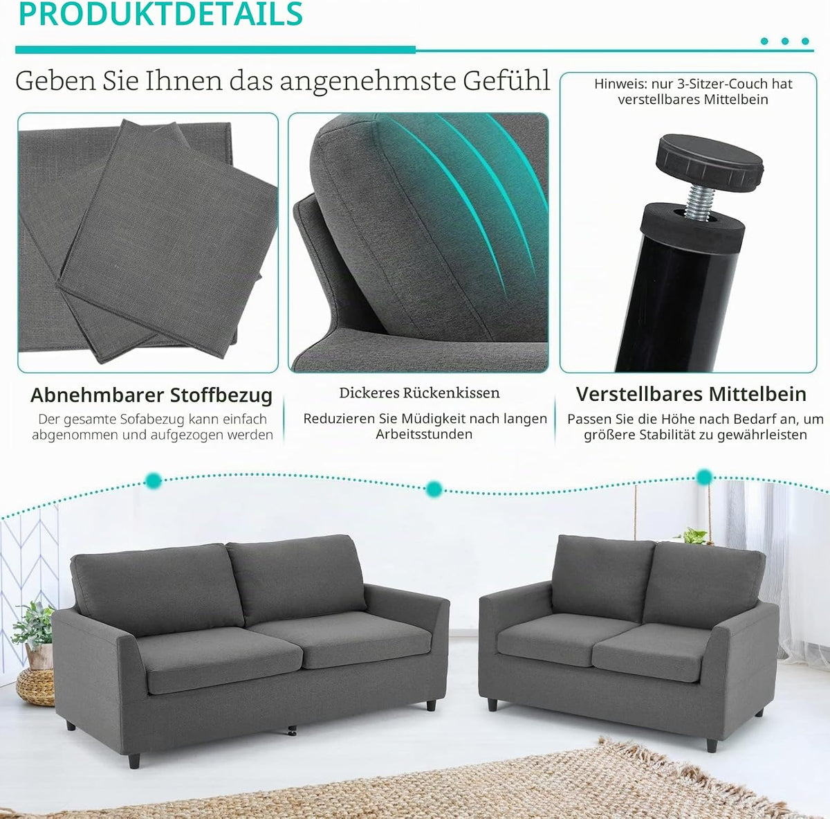 YODOLLA 2 Sitzer Sofa, kleine Sofa mit schlaffunktion, Dunkelgrau