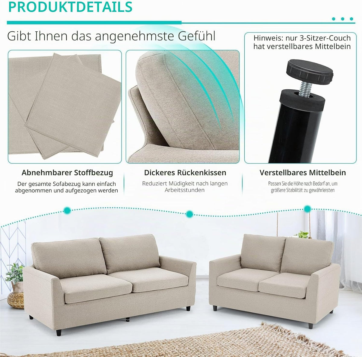 YODOLLA 2 Sitzer Sofa, kleine Sofa mit schlaffunktion, Weiß