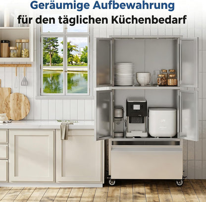 YODOLLA Edelstahl Stauraumschrank mit Rollen, Regalboden & Schublade, Weiß