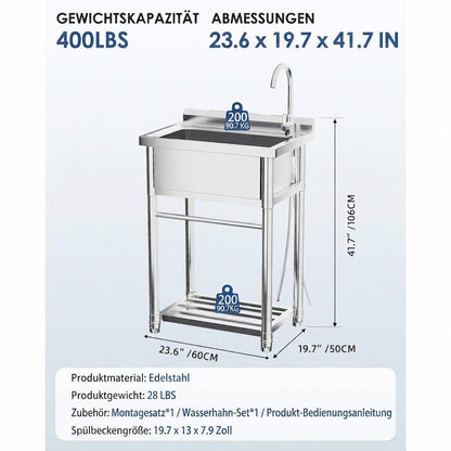 YODOLLA freistehende Edelstahl-Spüle mit Wasserhahn, Ablauf und Ablage