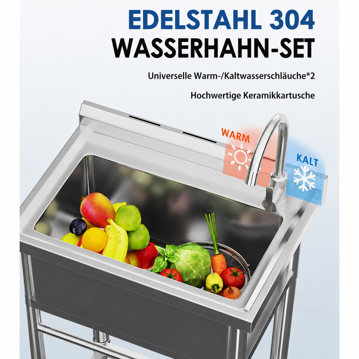 YODOLLA freistehende Edelstahl-Spüle mit Wasserhahn, Ablauf und Ablage