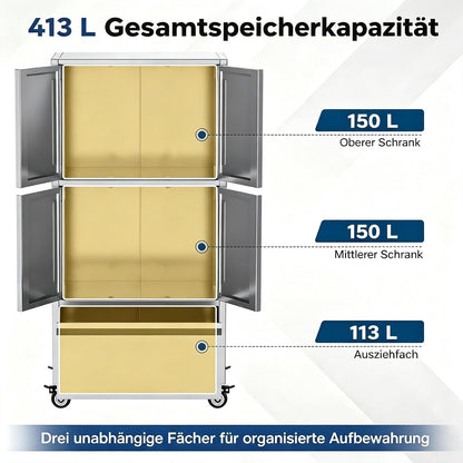 YODOLLA Edelstahl Stauraumschrank mit Rollen, Regalboden & Schublade, Weiß