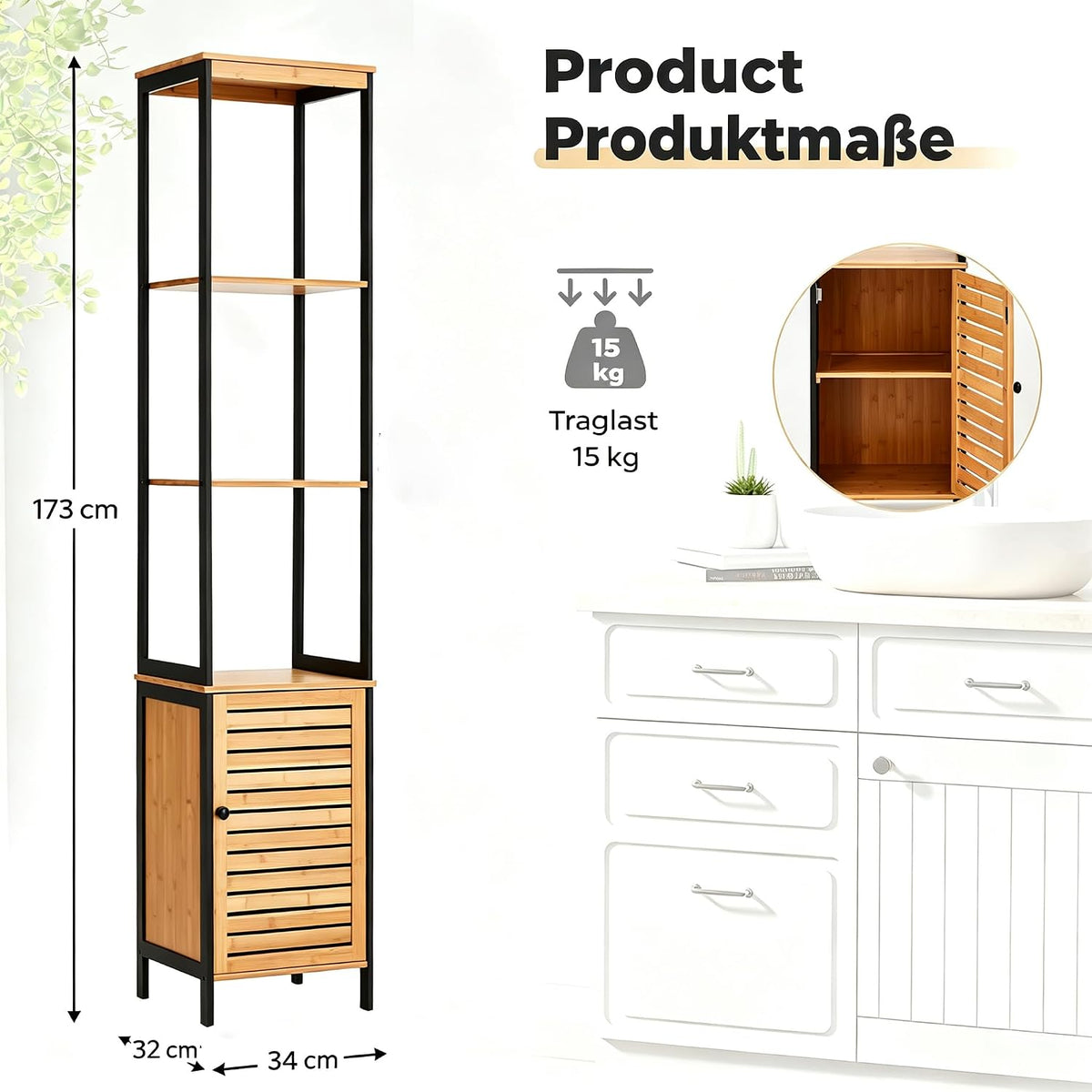 YODOLLA Hochschrank, Badezimmerschrank Bambus, Natur moderner badregal