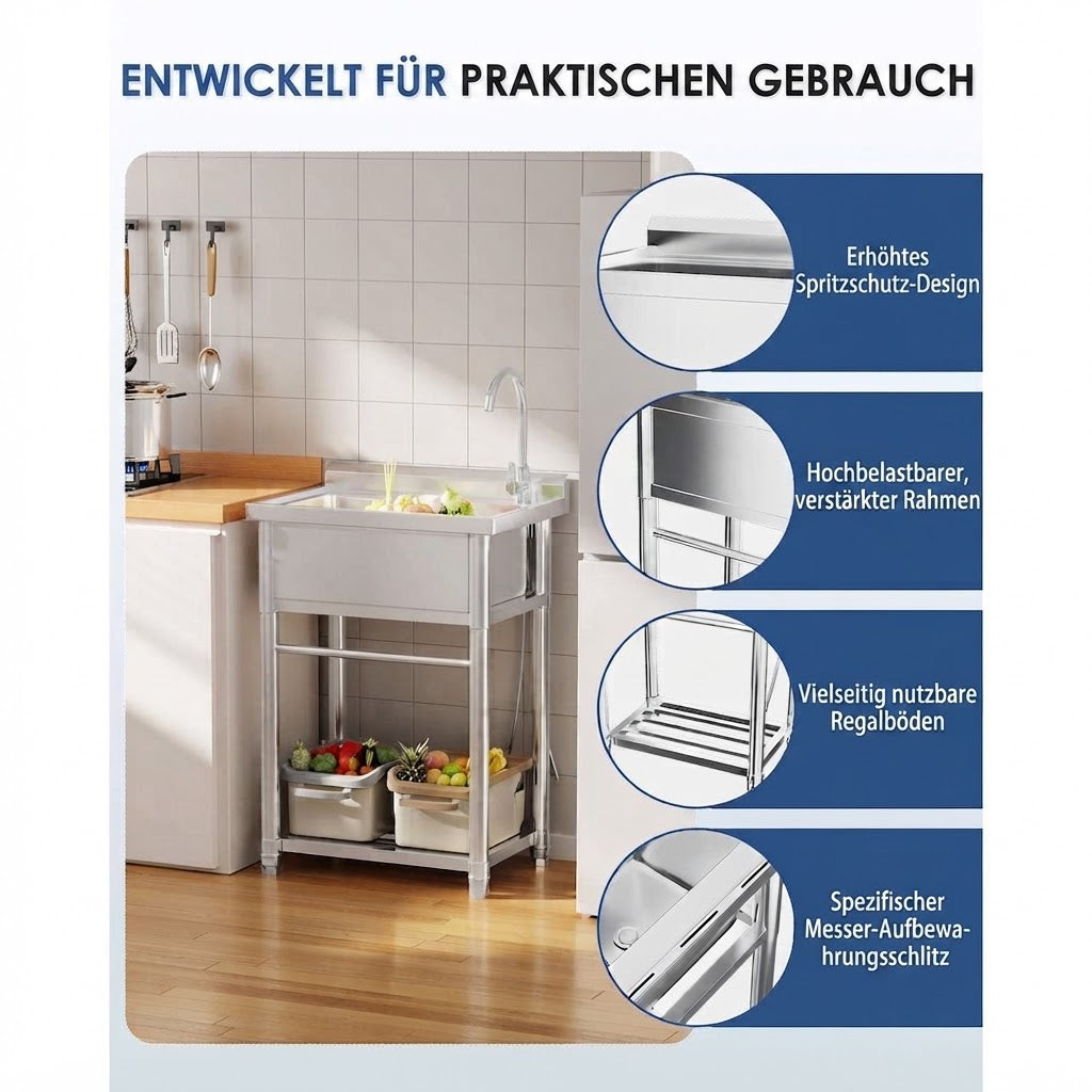 YODOLLA freistehende Edelstahl-Spüle mit Wasserhahn, Ablauf und Ablage