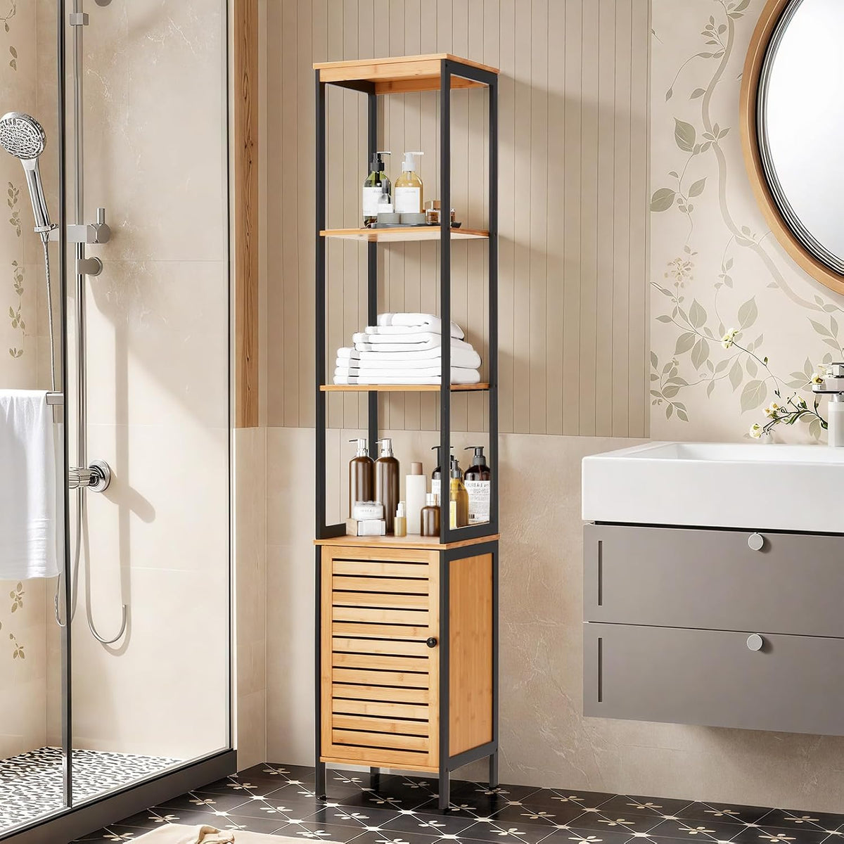 YODOLLA Hochschrank, Badezimmerschrank Bambus, Natur moderner badregal