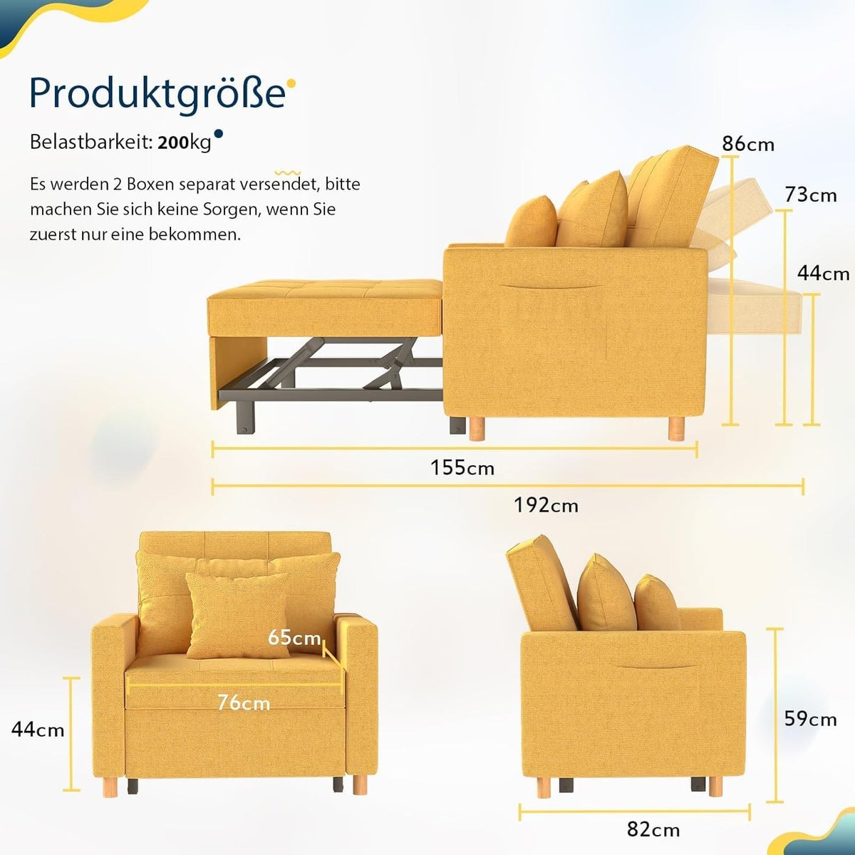 YODOLLA 36 Zoll verwandelbarer Stuhl mit Bettfunktion, Gelb