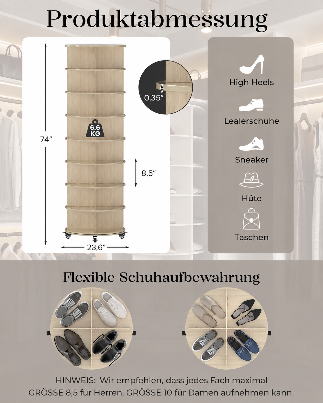 YODOLLA 8‑stufiges drehbares Schuhregal‑Turm‑Organizer (23.6''x23.6''x74'', Natur)