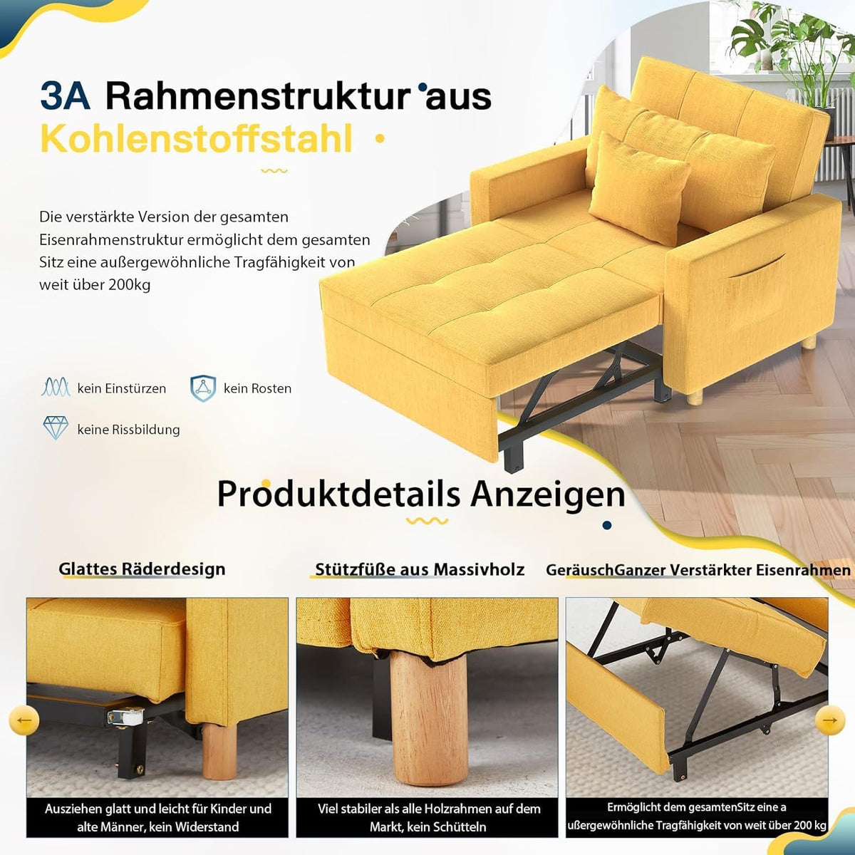YODOLLA 36 Zoll verwandelbarer Stuhl mit Bettfunktion, Gelb