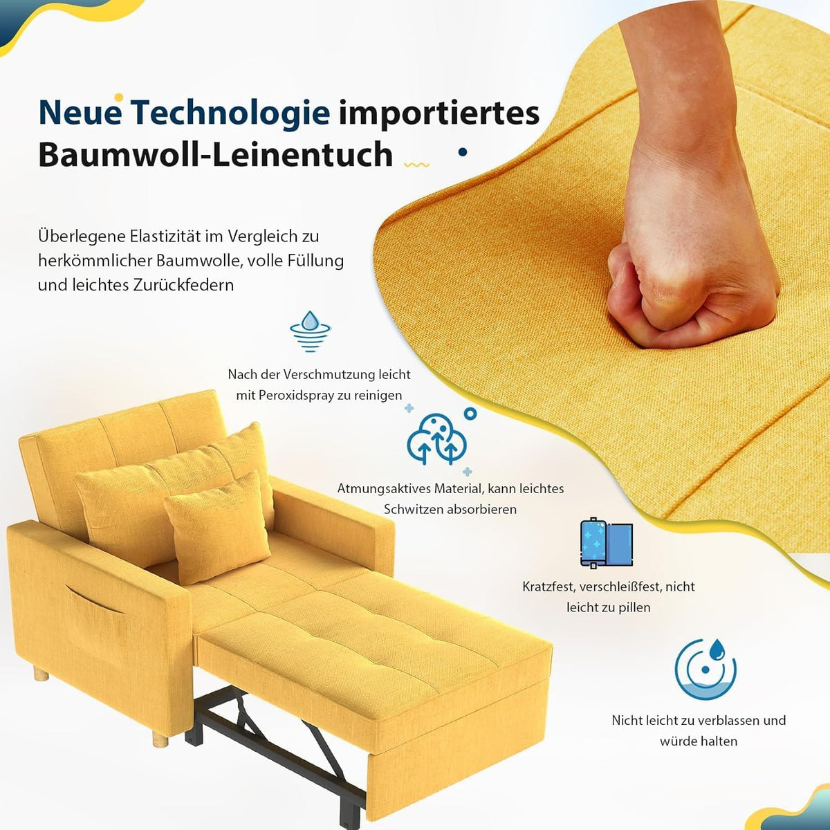YODOLLA 36 Zoll verwandelbarer Stuhl mit Bettfunktion, Gelb
