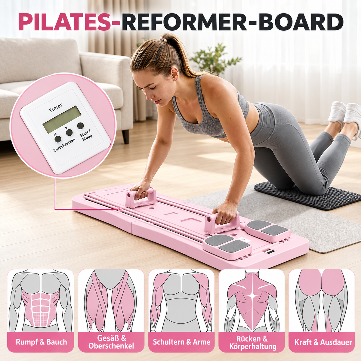 YODOLLA 5-in-1 faltbares Pilates-Reformer-Brett mit LED-Zähler, Pink