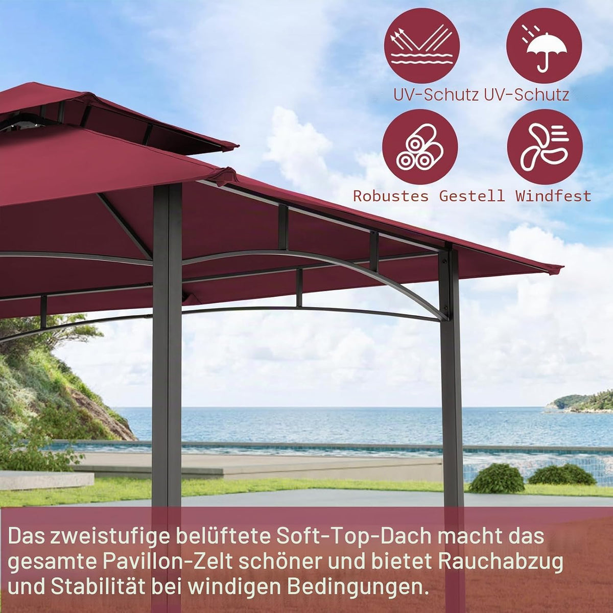 YODOLLA  8' x 5' Outdoor-Grillpavillon mit Doppeldach,  Weinrot