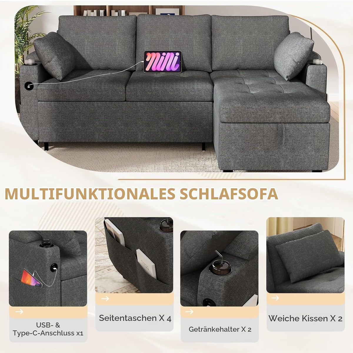 YODOLLA Ecksofa mit Bettfunktion und Stauraum, L-Form-Sofa, Dunkelgrau