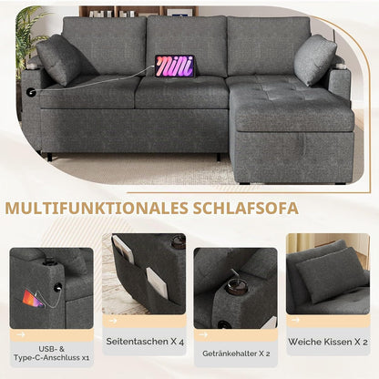 YODOLLA Ecksofa mit Bettfunktion und Stauraum, L-Form-Sofa, Dunkelgrau